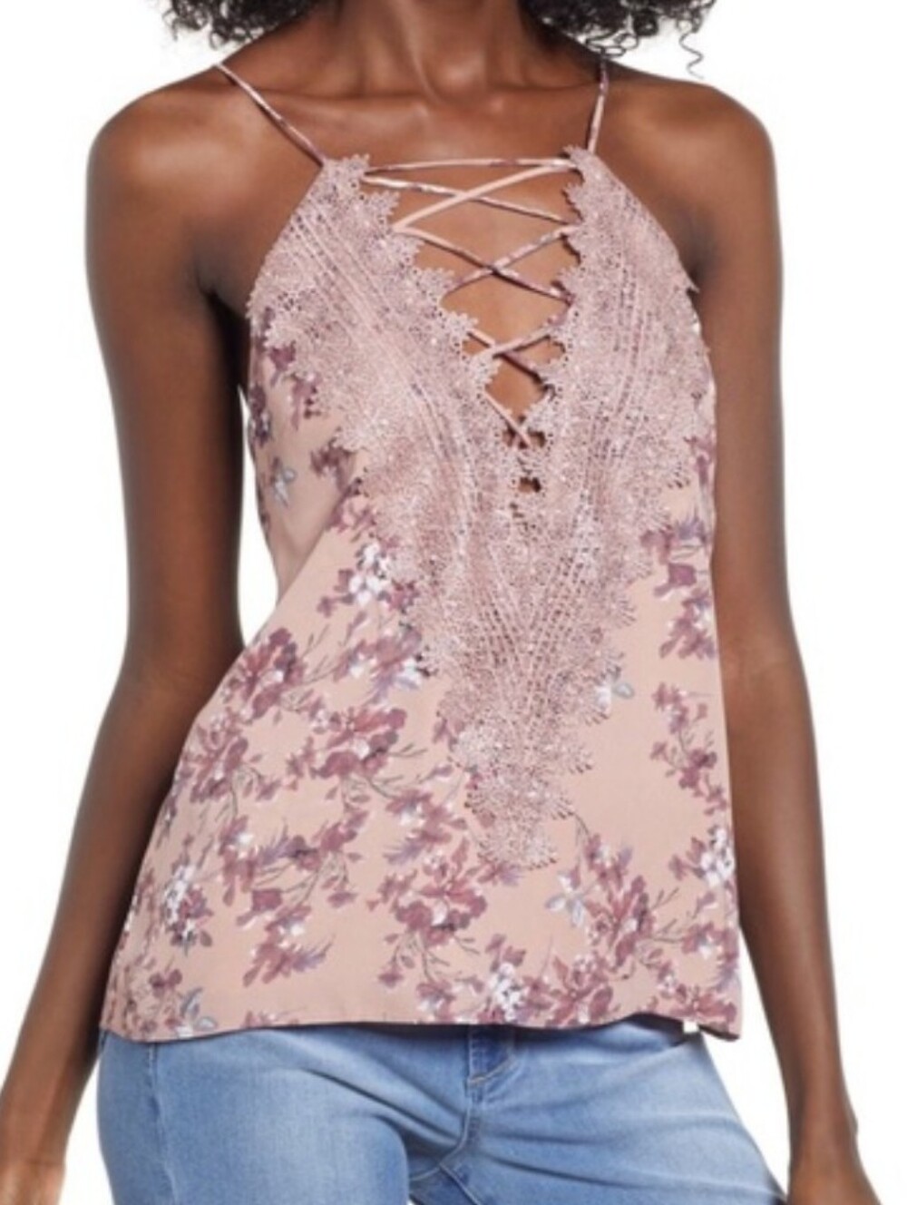 WAYF Posie Rose Gold Metallic Lace Soft Pink Floral Crop Tank Lace-Up, Size S